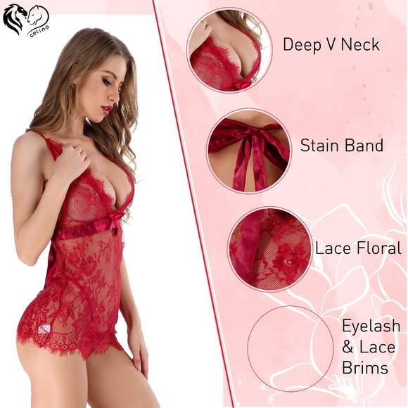 Red 2 Piece Women's Lace Lingerie Set Sleepwear - Picture 1 of 7